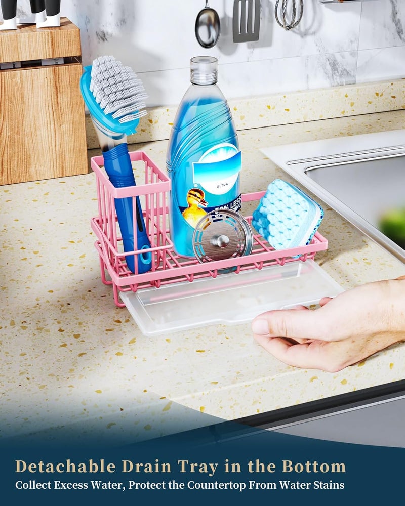 Consumest Sponge Holder for Kitchen Sink - Kitchen Sink Caddy Organizer with Removable Drip Tray for Countertop Dish Soap Dispenser Brush Storage Accessories 304 Stainless Steel, Pink - Image 4